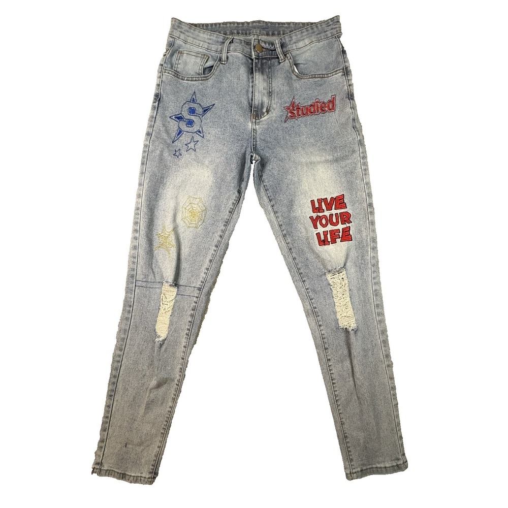 Women's Y2K 30.5x28.25 Skinny Jeans Graphic Embroidered Distressed Light Wash